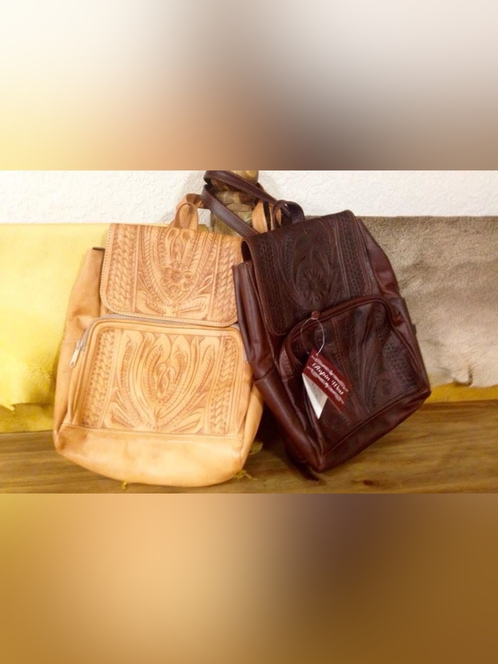 Handcrafted Leather Backpack - Tan and Dark Brown